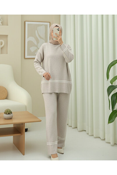 Modamorfo Skirt and Sleeve Striped Knitwear Set - Stone