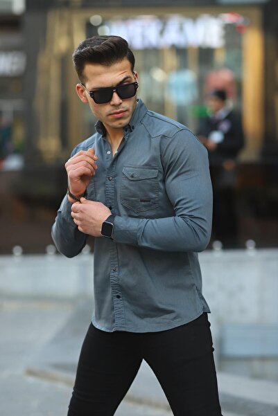 WOWA COMPANY Ανδρικό τζιν πουκάμισο με διπλή τσέπη με λεπτή εφαρμογή