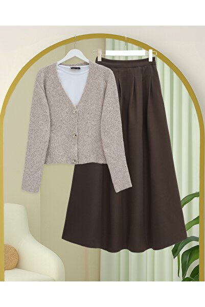 Modamorfo Soft Knit Cardigan with Buttons on the Front - Stone