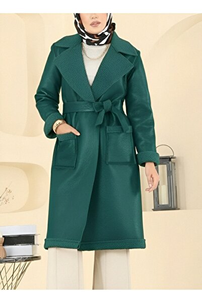 Modamorfo Beli Belted Double Pocket Fur Lined Leather Coat - Emerald