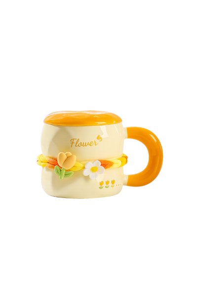 Dörtel Tedarik Tatlı Çiçekli Kahve Fincanı 380 ml Kapaklı ve Kaşıklı Seramik Kupa