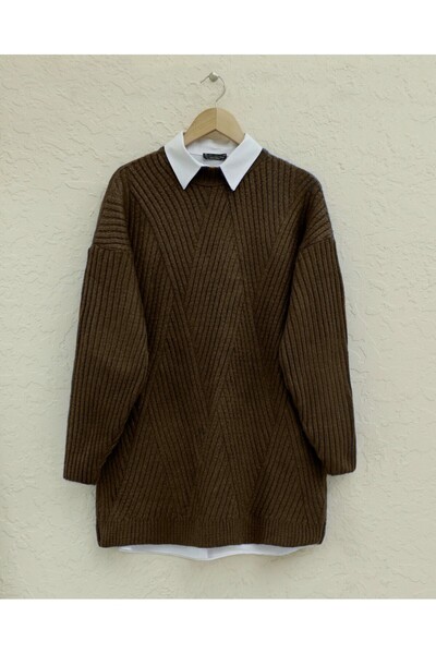 Modamorfo Brown Diamond Patterned Running Knitwear Tunic