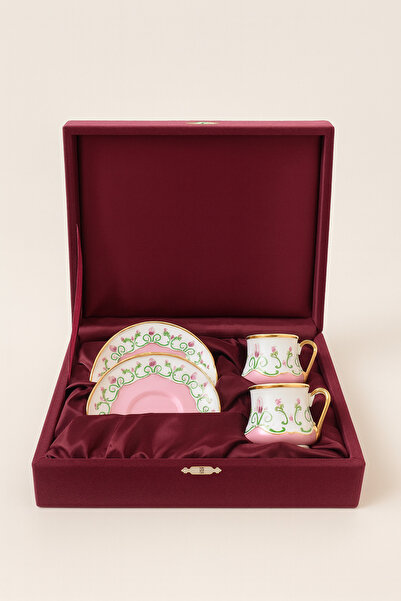 esdekor 2'li Kahve Fincan Seti 90cc Osmanlı Tarzı Çiçekli Porselen Pembe Beya...