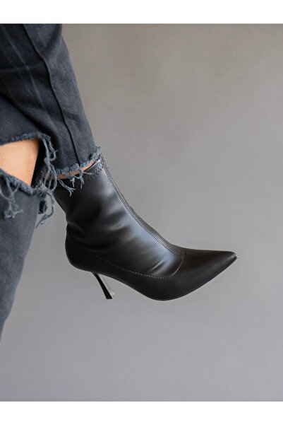 leopar by çetinay Kadın Siyah Streç Deri İnce Topuklu Bot | Lüks Şık Stiletto Bot Modeli