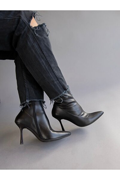 leopar by çetinay Kadın Siyah Streç Deri İnce Topuklu Bot | Lüks Şık Stiletto Bot Modeli