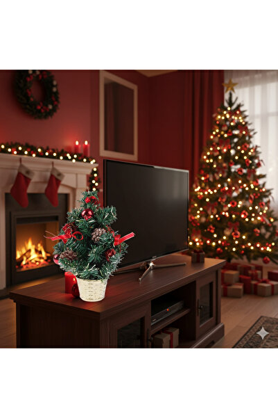 Kikajoy 30 Cm Yılbaşı Çam Ağacı - Komple Süslü Mini Masa Üstü Çam Ağacı Saksı...