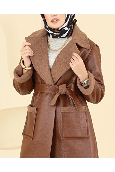 Modamorfo Beli Belted Double Pocket Fur Lined Leather Coat - Tan