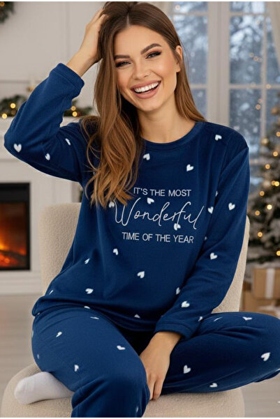 Siyah İnci Синьо-білий з вишивкою у вигляді сердечок Зимовий комплект піжами з вишивкою