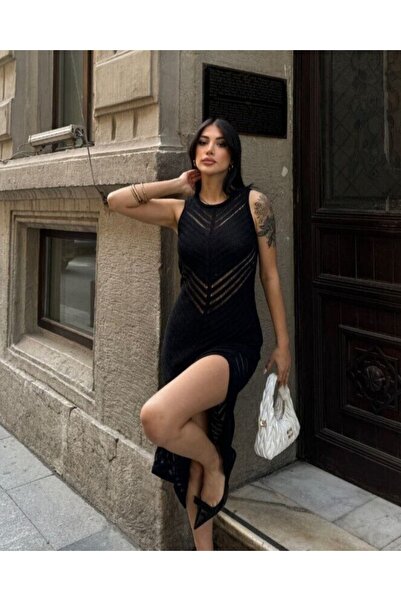 Modamorfo Mercerizované úpletové šaty s rozparkem - černé