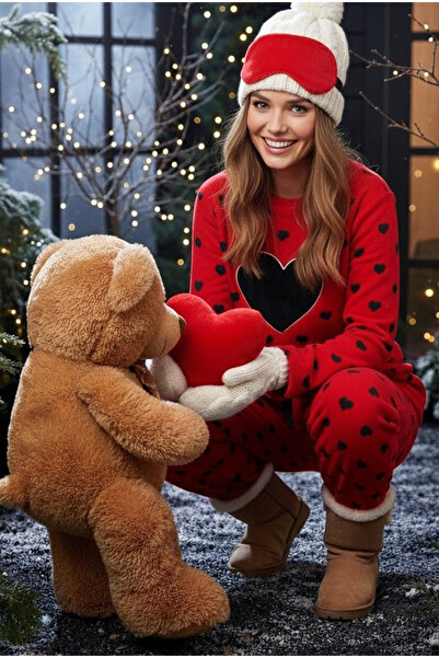 Siyah İnci Red Black Heart Pattern Embroidered Fleece Winter Knitted Pajamas Set