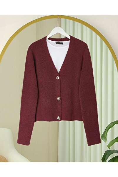 Modamorfo Soft Knit Cardigan with Buttons on the Front - Burgundy