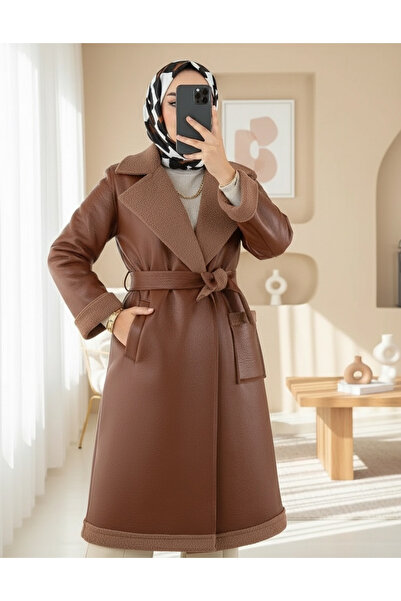 Modamorfo Beli Belted Double Pocket Fur Lined Leather Coat - Tan