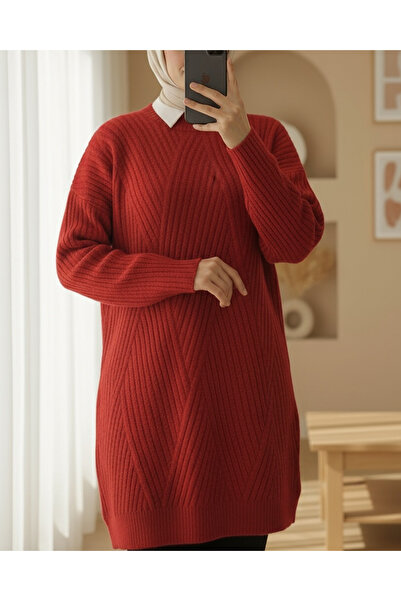 Modamorfo Knitted Diamond Patterned Knitwear Tunic -Red