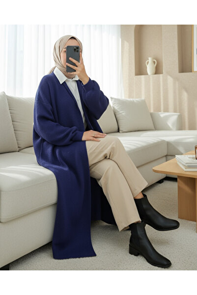 Modamorfo Collared Long Loose Soft Cardigan - Indigo