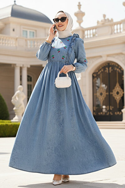 Neva Style Cherry Patterned Dark Blue Hijab Denim Dress 19146Km