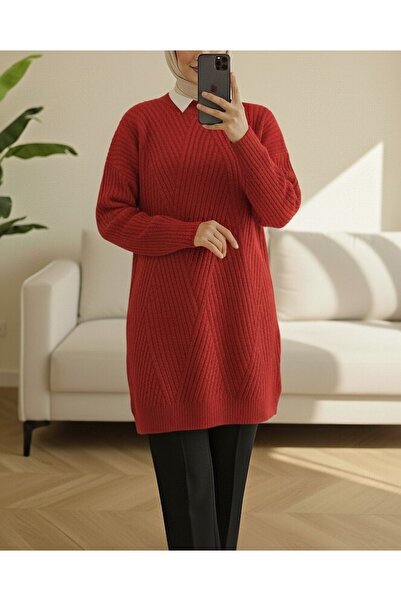 Modamorfo Knitted Diamond Patterned Knitwear Tunic -Red