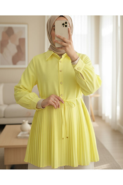 Modamorfo Yarım Düğmeli Beli Bağlamalı Piliseli Gömlek -Açık Sarı