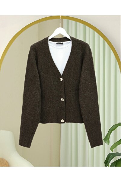 Modamorfo Soft Knit Cardigan with Buttons on the Front - K. Brown