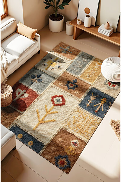 CANİLA ETNİK KAHVE RENGİ FAS DESENLİ DİJİTAL BASKILI DOKUMA ŞÖNİL HALI