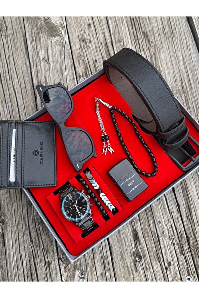DEEPWELL Siyah Erkek Kol Saati Kemer Kartlık Çakmak Gözlük Tespih Bileklik Seti Dl12