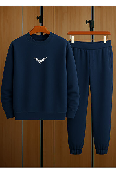 DUBU BUTİK Σετ αθλητικής φόρμας Wings Sweatshirt Jogger - Navy Blue με τύπωμα oversized επένδυση fleece Crew Neck
