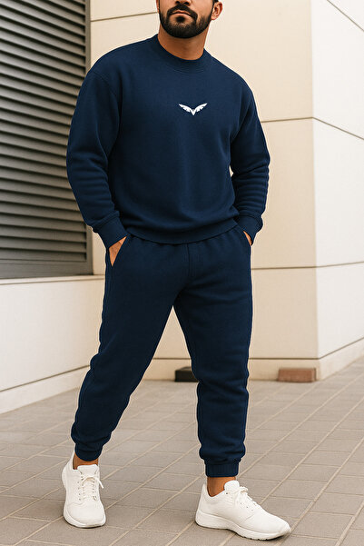DUBU BUTİK Σετ αθλητικής φόρμας Wings Sweatshirt Jogger - Navy Blue με τύπωμα oversized επένδυση fleece Crew Neck