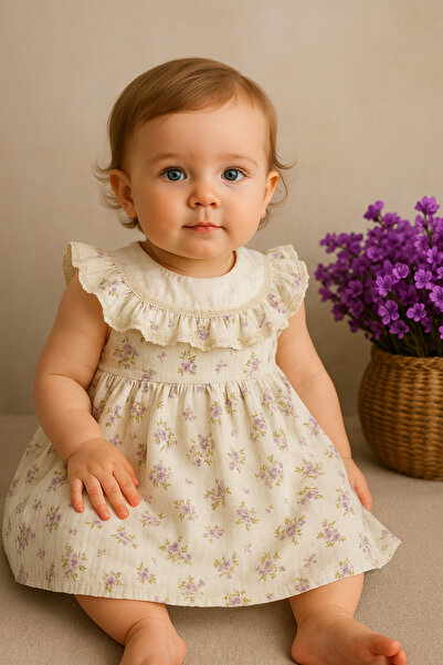 GMG Baby Muslin Fabric Dress Lavender White