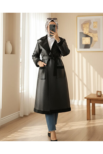 Modamorfo Beli Belted Double Pocket Fur Lined Leather Coat - Black