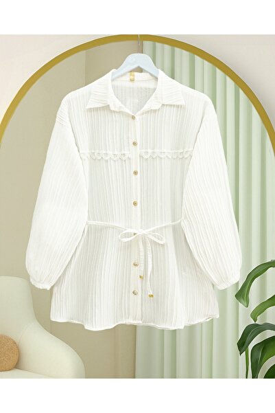 Modamorfo Stoned buttoned waist tied lace detailed shirt - white