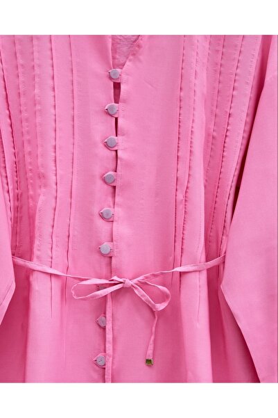 Modamorfo Buttoned V-Neck Tunic Trousers Set with Sleeves - Pink