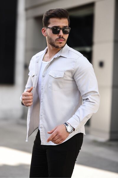 comstar Men's Seasonal Trend White Denim Shirt with Pockets and Snap Fasteners