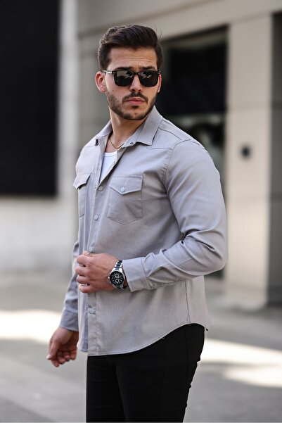 comstar Men's Seasonal Trendy Pocket Snap Gray Denim Shirt