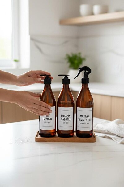 ANJEAHOME زجاجة ميور 3 قطع 500 مل من الزجاج الكهرماني وحامل خشبي لتنظيم المطبخ 24x13x39 سم