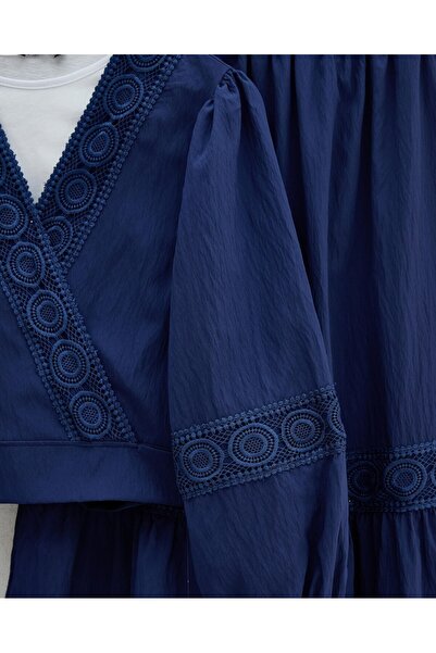 Modamorfo Lace Detailed Tie-Up Sleeve Elastic Waist Skirt Suit - Navy