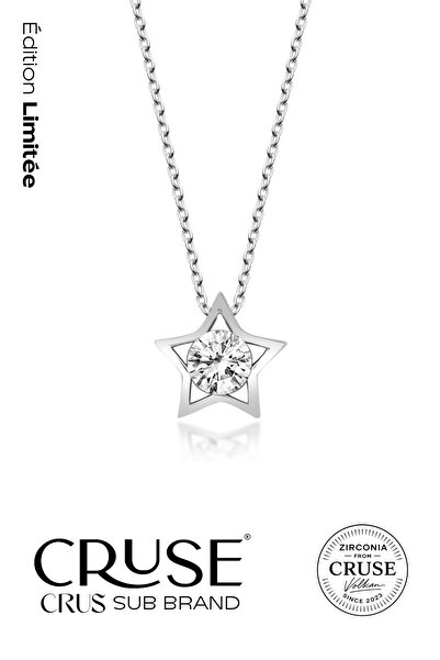Cruse 925 Ayar Gümüş Brillante Yıldız Tektaş Kolye 18 Ayar Beyaz Altın Kaplam...