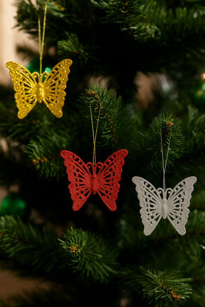 Kika Set de 3 ornamente pentru brad de Crăciun cu sclipici fluture – argintiu, roșu, auriu (aur)