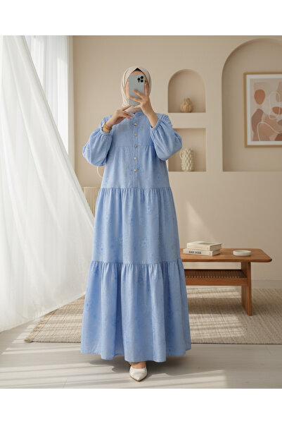 Modamorfo Kolu Lastikli Yarım Düğmeli Jakar Baskılı Parçalı Elbise -Açık Mavi