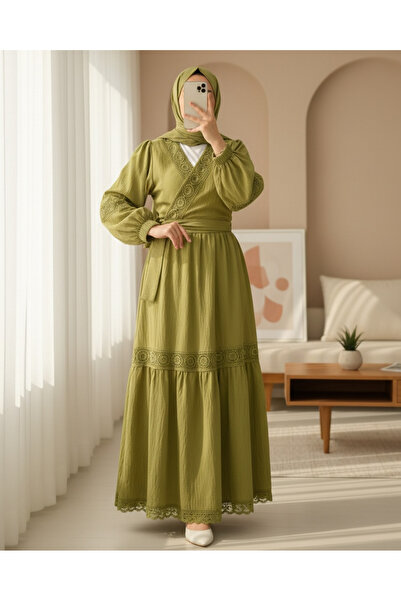 Modamorfo Lace Detailed Tie-Up Sleeve Elastic Waist Skirt Suit - Olive