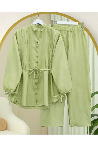 Modamorfo Lapel Lace-Up Buttoned V-Neck Tunic Trousers Set -A.Green