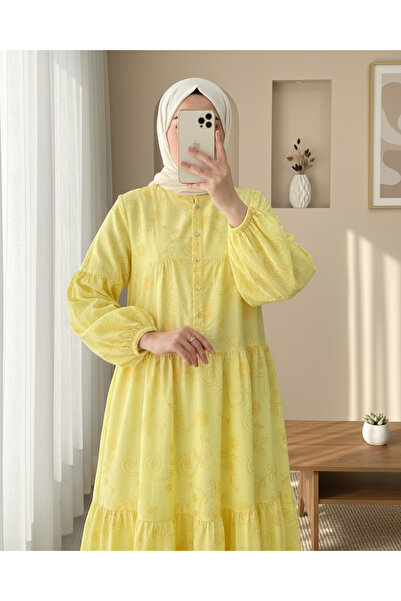 Modamorfo Φόρεμα με λαβή ελαστικό με μισό κουμπί ζακάρ εμπριμέ - κίτρινο