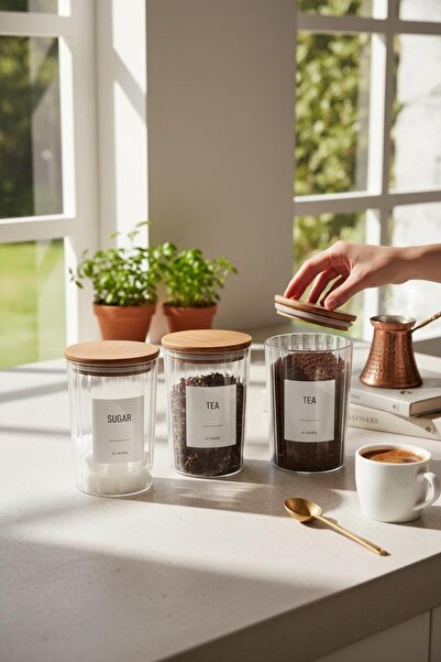 ANJEAHOME Moca 3-Pack 900 ml Transparent Hard Plastic Food Storage Container |   Wooden Silicone Cover |   Labeled |