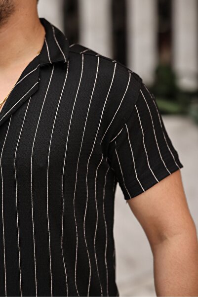 comstar Men's Trend Summer Short Sleeve Striped Black Shirt
