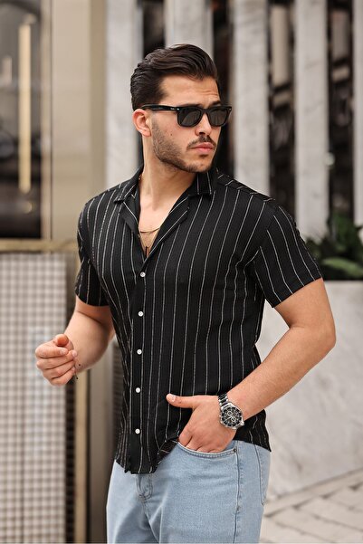 comstar Men's Trend Summer Short Sleeve Striped Black Shirt