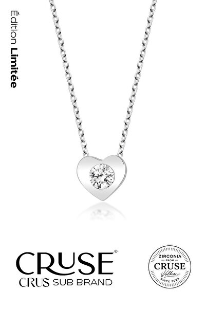 Cruse 925 Ayar Gümüş Cœur Kalp Tektaş Kolye 18 Ayar Beyaz Altın Kaplama Éditi...