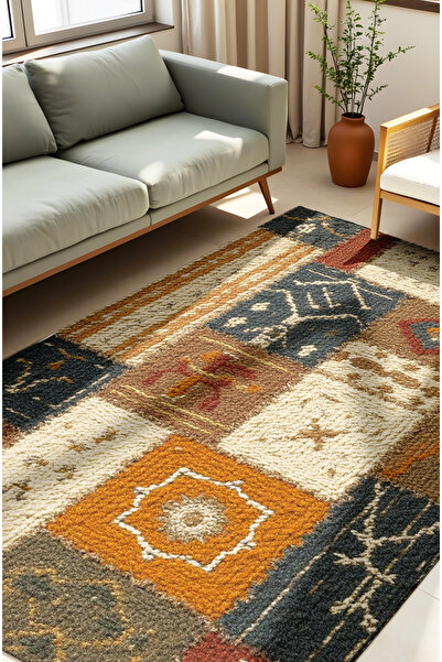 CANİLA Patchwork Modern Kilim Desenli Dijital Baskılı Dokuma Şönil Halı