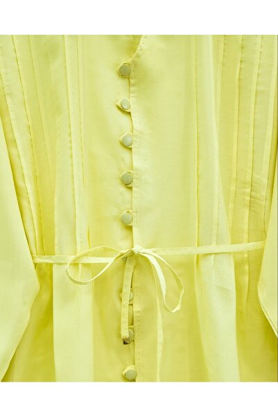 Modamorfo Lapel Lace-Up Buttoned V-Neck Tunic Trousers Set -Yellow