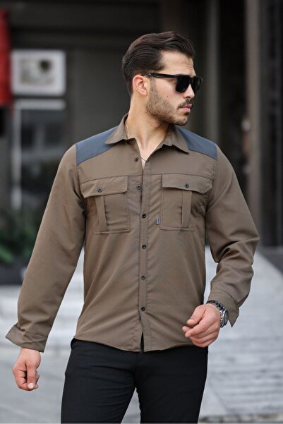 comstar Men's Parachute Fabric Tight Long Sleeve Basic Khaki Shirt