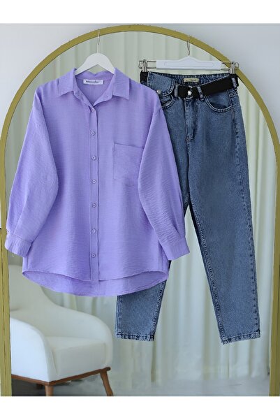 Modamorfo Cămașă de in cu un singur buzunar cu nasturi -Liliac