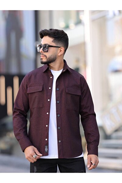 comstar Чоловіча базова вовняна сорочка з ефектом плетіння, довгими рукавами та широким коміром, бордового кольору