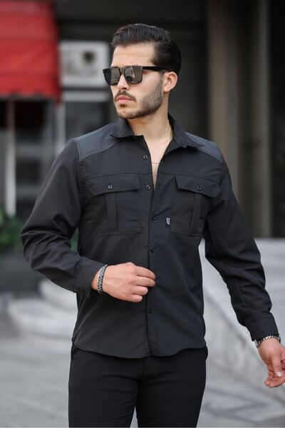 comstar Men's Parachute Fabric Tight Long Sleeve Basic Black Shirt